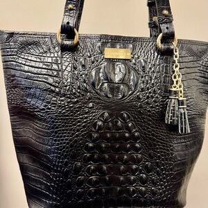Brahmin Black Asher Melbourne Tote Bag with Crocodile Texture and Gold Accents